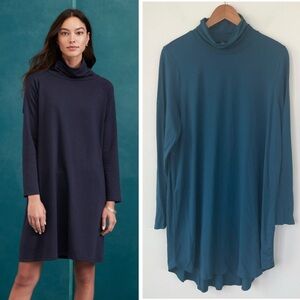 EILEEN FISHER TENCEL Organic-Cotton Funnel-Neck Dress Teal Blue XL Extra Large